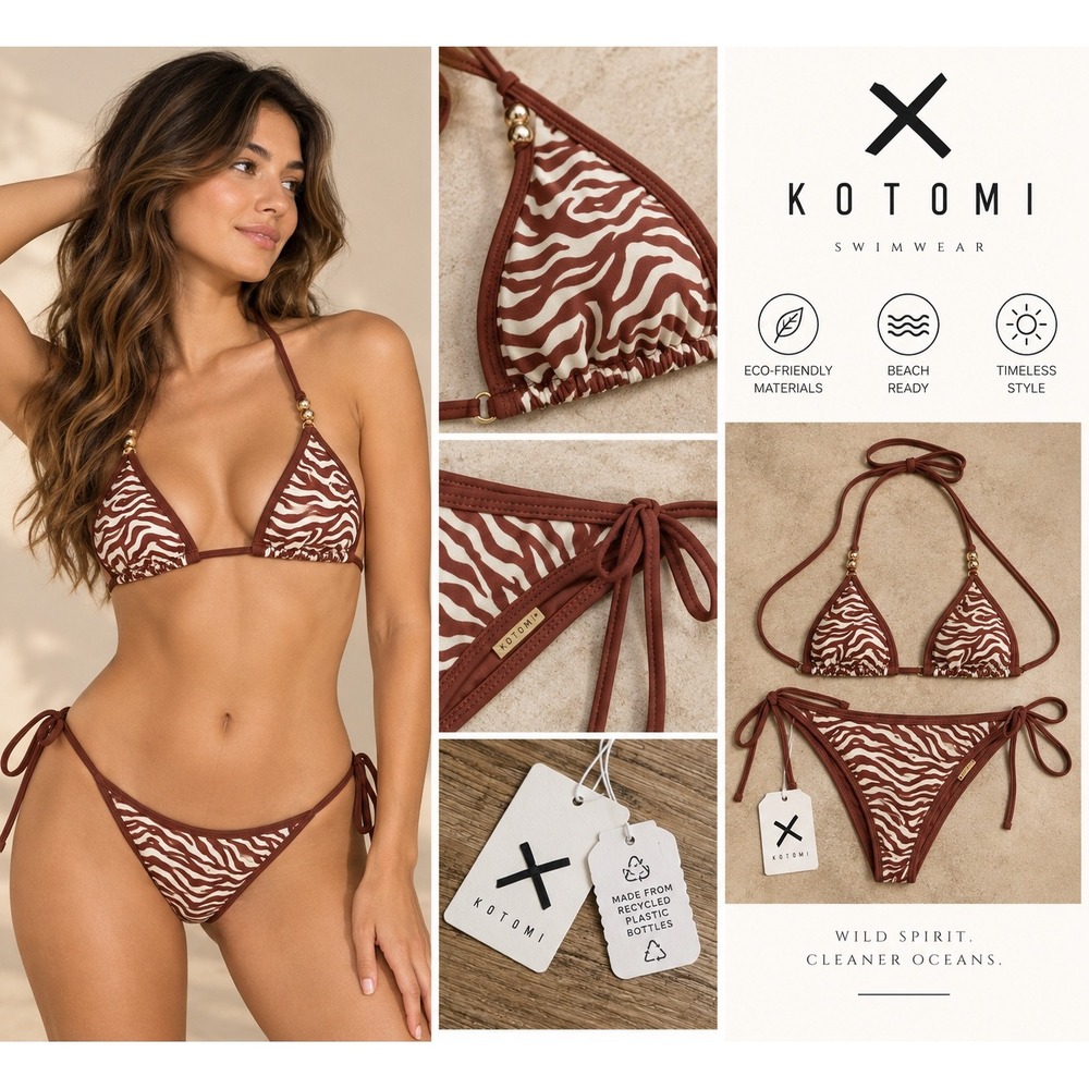 Kotomi Swimwear Sofia Bikini Set Russet Zebra XS New With Tags Eco-Friendly